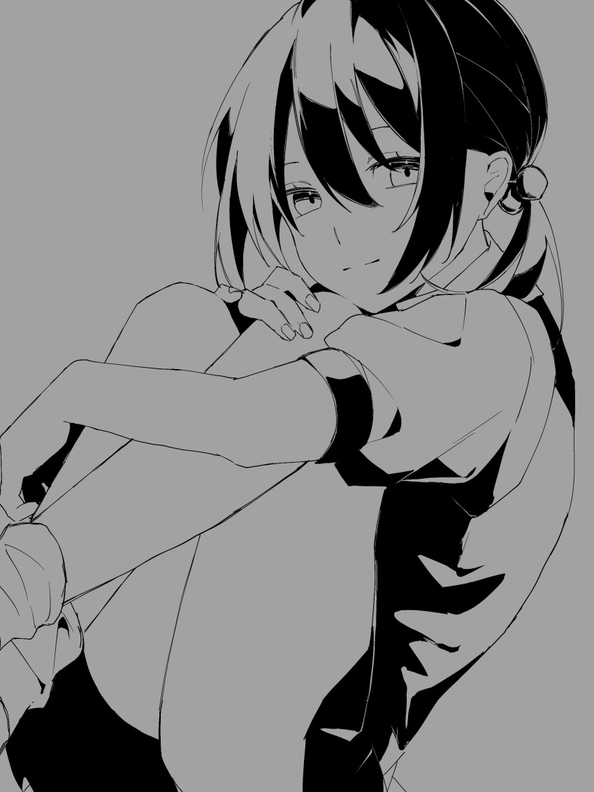 1girl, absurdres, aliasing, commentary_request, dress, feet_out_of_frame, greyscale, hair_bobbles, hair_ornament, half-closed_eyes, hanabukuro, hand_on_own_knee, highres, hugging_own_legs, kaai_yuki, knees_to_chest, knees_up, light_smile, looking_at_viewer, loose_socks, medium_hair, monochrome, pinafore_dress, puffy_short_sleeves, puffy_sleeves, relayouter_(vocaloid), short_sleeves, sidelocks, sleeveless, sleeveless_dress, socks, solo, upskirt, vocaloid