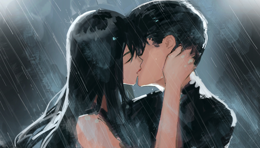 1boy, 1girl, black_hair, black_jacket, closed_eyes, couple, hetero, highres