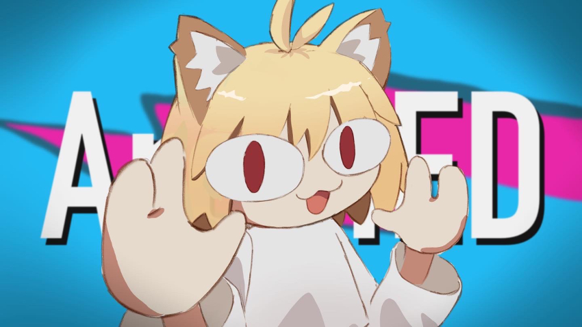 1girl, :3, animal_ears, antenna_hair, blonde_hair, cat_ears, cat_girl, fake_mrbeast_(meme), hands_up, looking_at_viewer, medium_hair, meme, mrbeast, neco-arc, open_mouth, potatomochii, red_eyes, solo, sweater, tsukihime, white_sweater