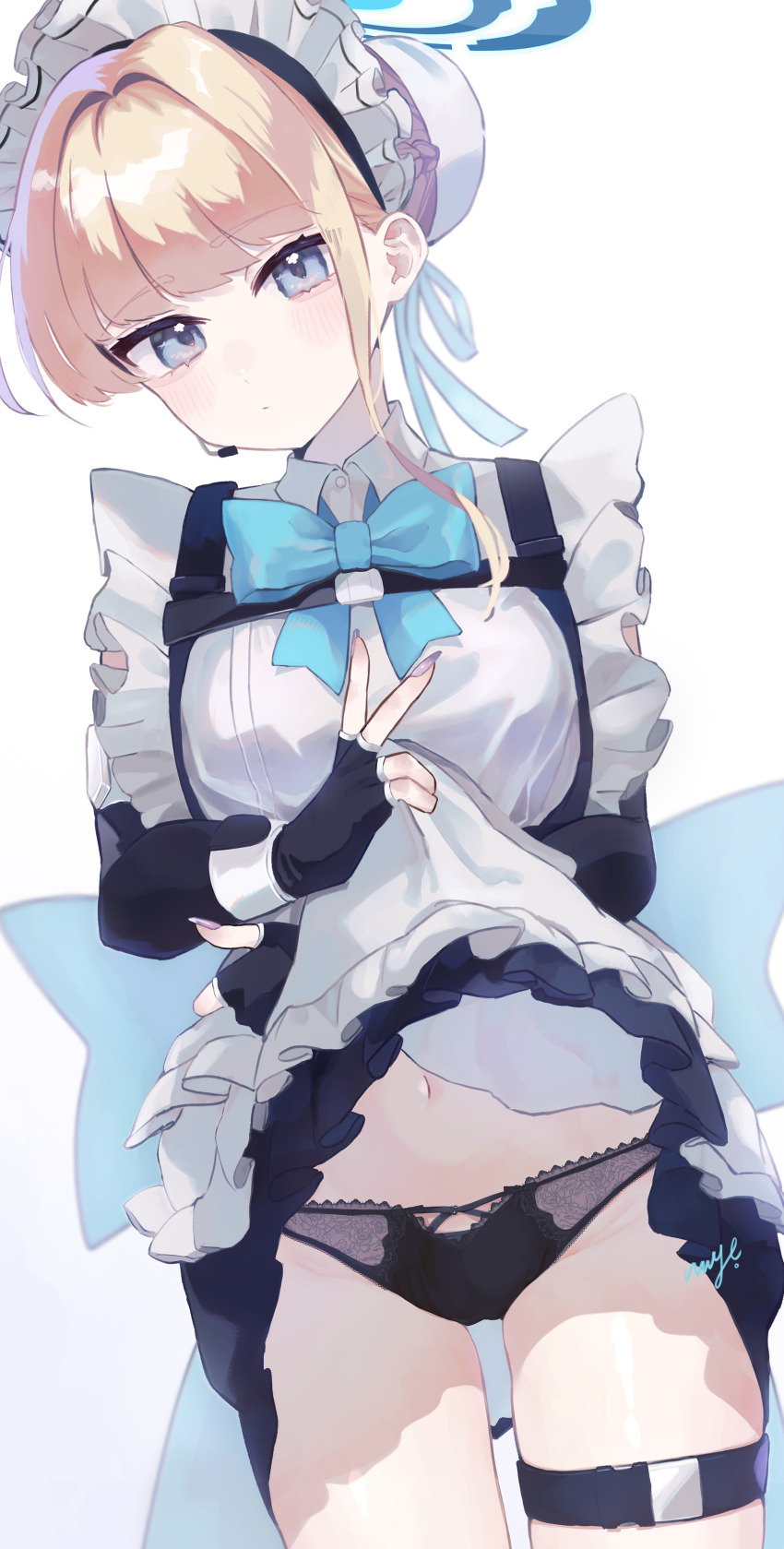 1girl, absurdres, apron, black_dress, black_gloves, blonde_hair, blue_archive, blue_eyes