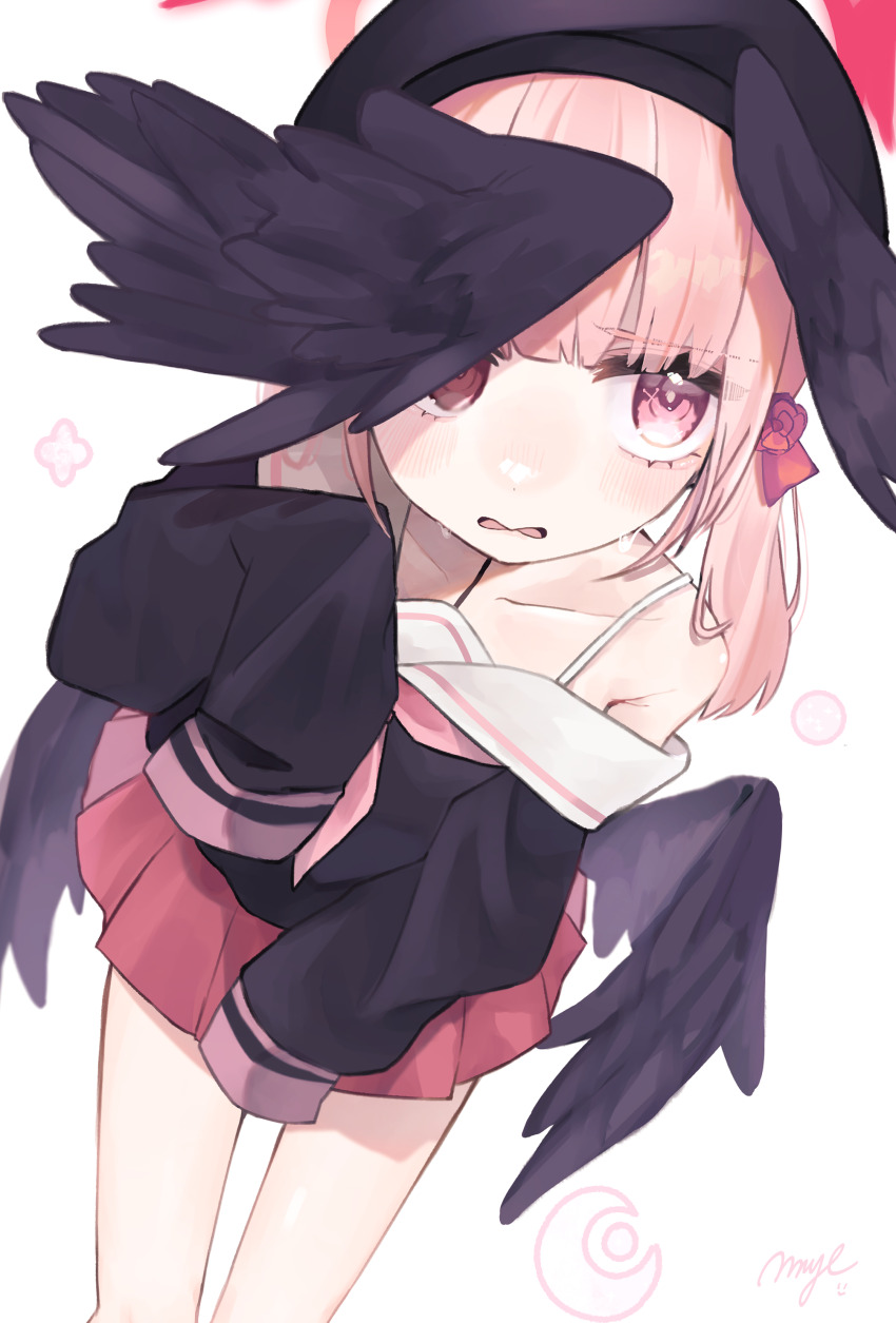 1girl, absurdres, bare_shoulders, beret, black_hat, black_wings, blue_archive, blush