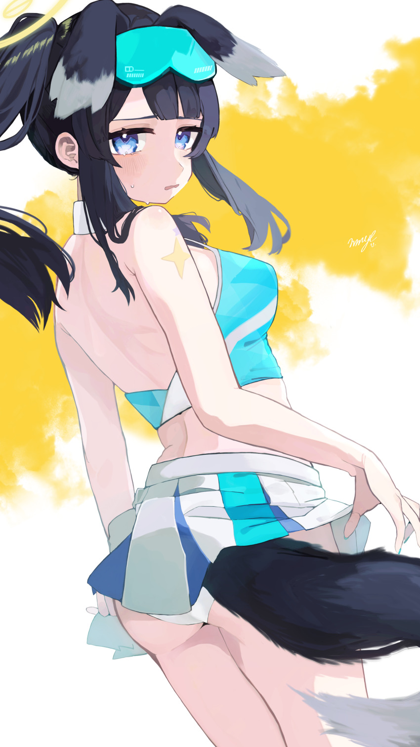 1girl, absurdres, animal_ears, ass, bare_arms, bare_shoulders, black_hair, blue_archive