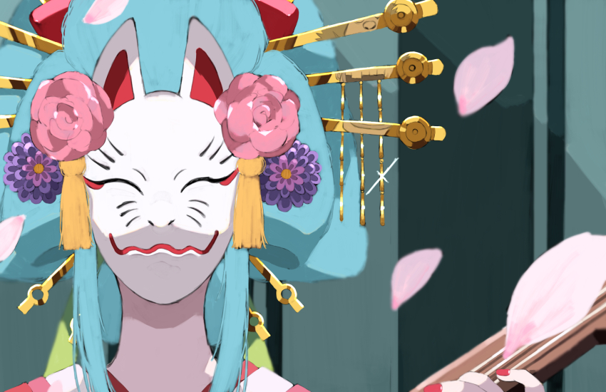 1girl, aqua_hair, closed_mouth, commentary, english_commentary, falling_petals, flower, fox_mask, hair_flower, hair_ornament, hair_stick, highres, holding, holding_instrument, instrument, japanese_clothes, kimono, kouzuki_hiyori, long_hair, mask, music, nail_polish, nihongami, oiran, one_piece, petals, playing_instrument, red_nails, rose_petals, shamisen, solo, traditional_clothes, y0701