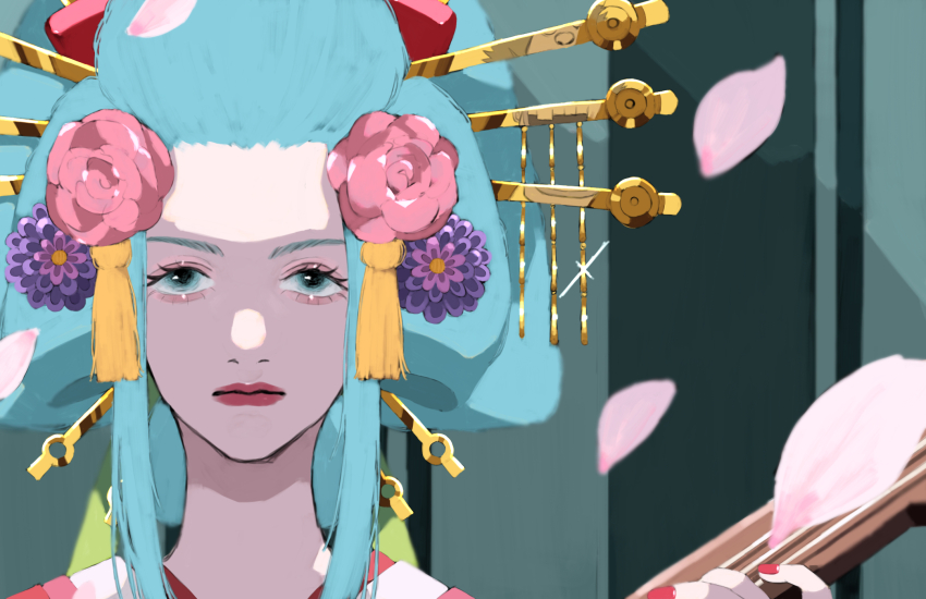 1girl, aqua_eyes, aqua_hair, closed_mouth, commentary, english_commentary, falling_petals, flower, hair_flower, hair_ornament, hair_stick, highres, holding, holding_instrument, instrument, japanese_clothes, kimono, kouzuki_hiyori, lips, lipstick, long_hair, makeup, music, nail_polish, nihongami, oiran, one_piece, petals, playing_instrument, red_lips, red_nails, rose_petals, shamisen, solo, traditional_clothes, y0701