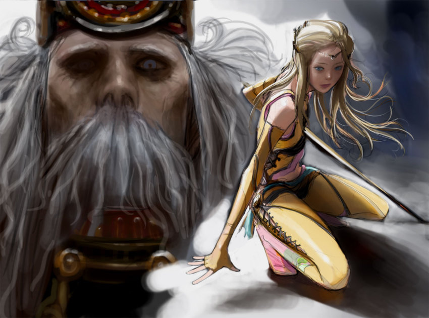 1990s_(style), bare_shoulders, beard, blonde_hair, blue_eyes, celes_chere, elbow_gloves, emperor_gestahl, facial_hair, final_fantasy, final_fantasy_vi, fingerless_gloves, gestahl, gloves, grey_hair, hat, jacket, long_hair, mujiha, pants, squatting, sword, tiara, weapon