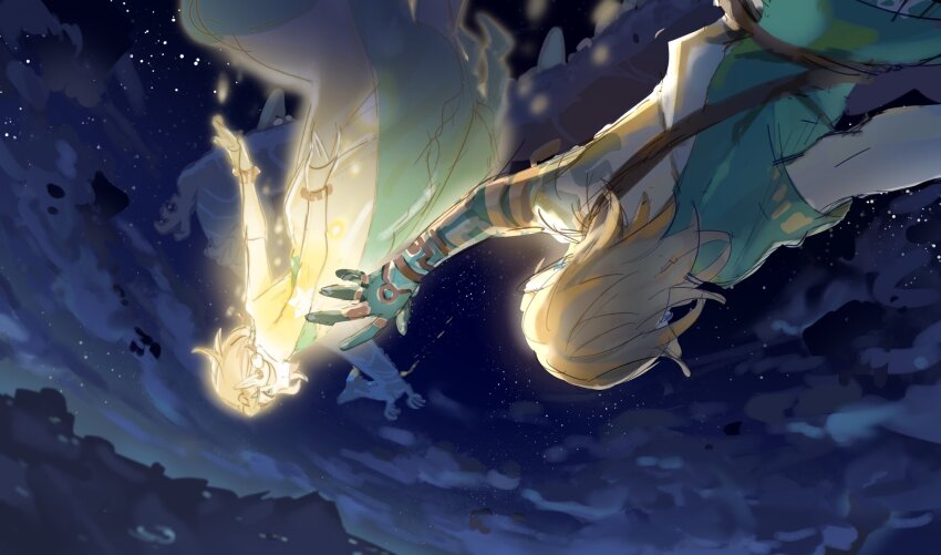 1boy, 1girl, arm_up, belt, blonde_hair, bracelet, brown_belt, dress