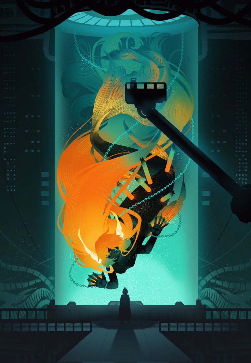 1girl, 1other, black_eyes, blind_obsession_(e.g.o), chain, colored_sclera, dante_(limbus_company), e.g.o_(project_moon), fins, giant, giantess, gradient_hair, green_hair, green_sclera, green_theme, head_fins, highres, ishmael_(project_moon), limbus_company, long_hair, mermaid, monster_girl, multicolored_hair, orange_hair, project_moon, shiqicheng, sidelocks, stasis_tank, underwater, very_long_hair, webbed_hands