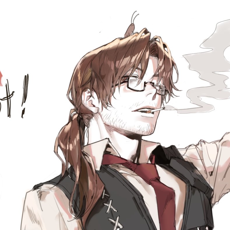 1boy, animal, animal_on_head, b_shell, black_vest, brown_eyes, brown_hair, bug