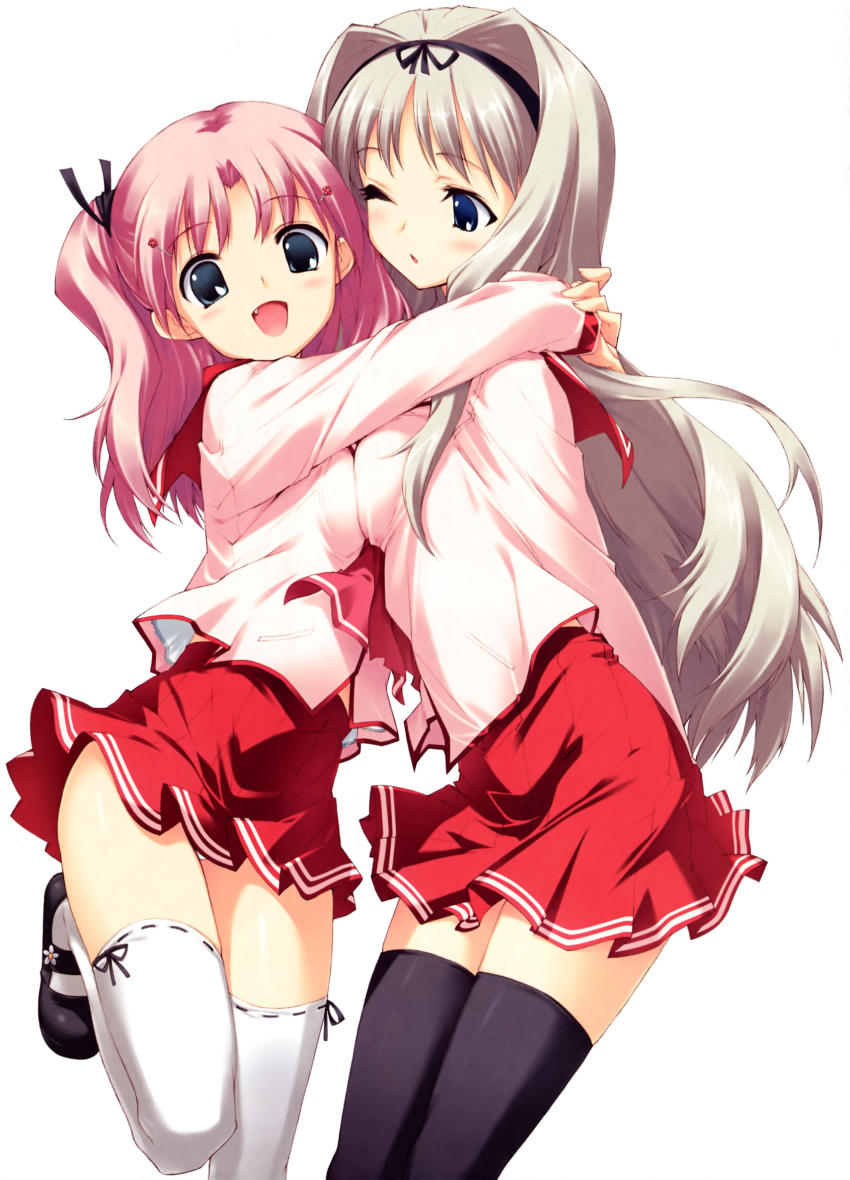 2girls, :o, asymmetrical_docking, blonde_hair, blue_eyes, bow, breast_press, breasts, fang, hair_bow, hair_ornament, highres, hug, kawata_hisashi, kusugawa_sasara, long_sleeves, maaryan_(to_heart), mary_janes, multiple_girls, official_art, open_mouth, pink_hair, shoes, skirt, small_breasts, thighhighs, to_heart_(series), to_heart_2