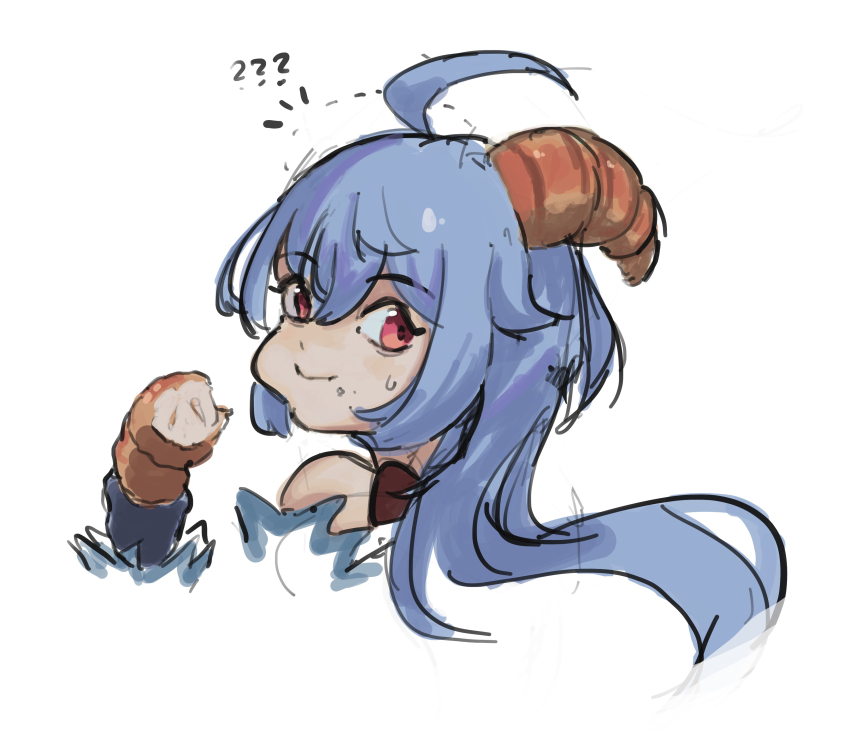 1girl, absurdres, ahoge, blue_hair, bread, croissant, curled_horns, eating