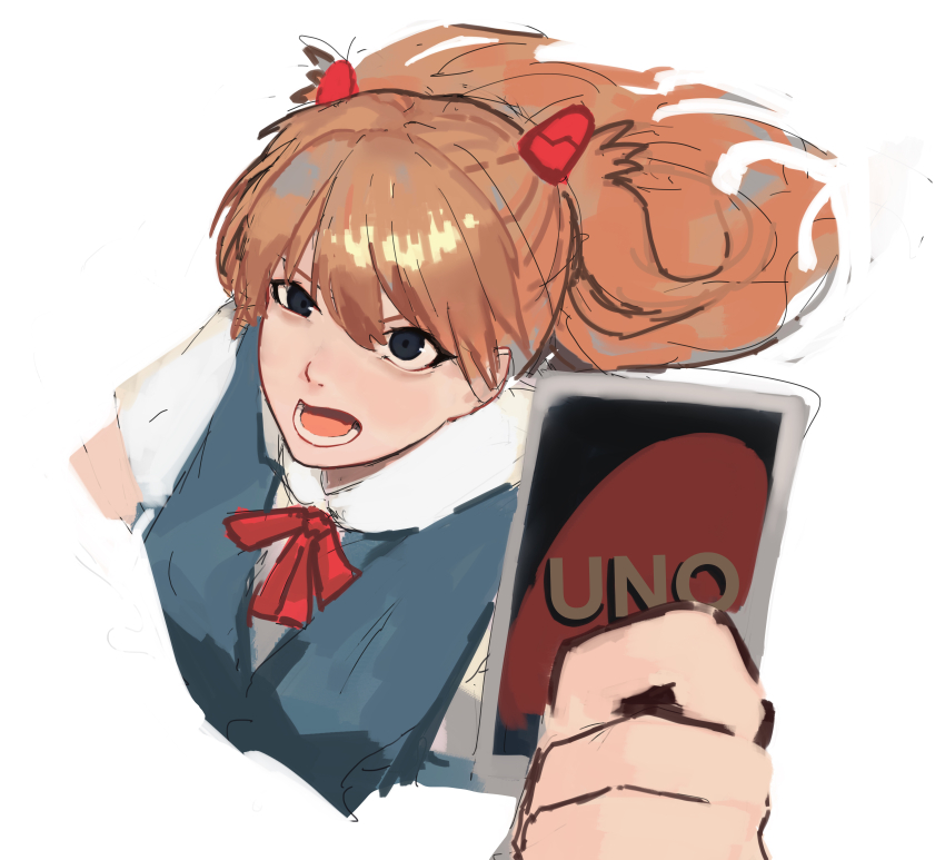 1girl, absurdres, black_eyes, card, hairpods, highres, holding, holding_card