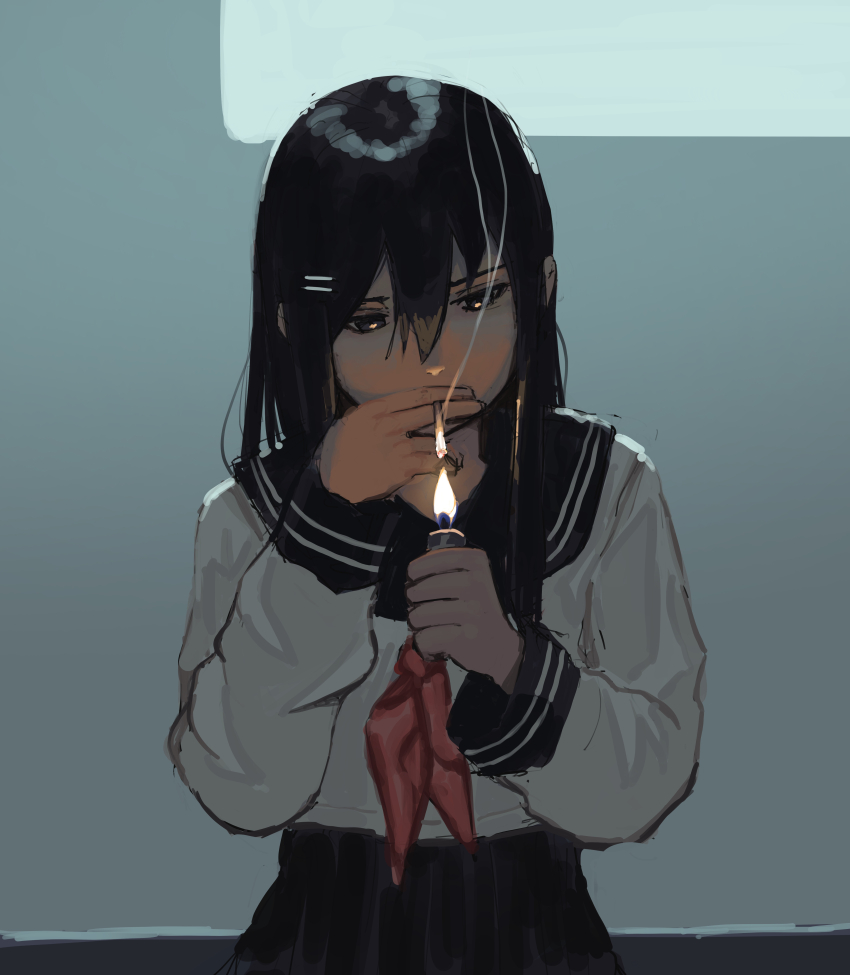 1girl, absurdres, black_eyes, black_hair, black_sailor_collar, black_skirt, cigarette, fire