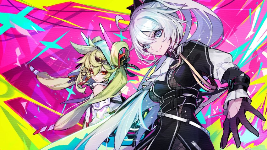 2girls, ahoge, ai-chan_(honkai_impact), ai_hyperion_lambda, ai_hyperion_lambda_(burning_rescue_soul), ai_hyperion_lambda_(chrono_navi), ascot, black_gloves