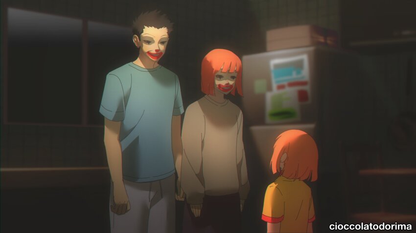 1boy, 2girls, artist_name, black_hair, black_skirt, blue_shirt, blurry, blurry_background, brown_sweater, child, cioccolatodorima, clown_mask, daughter_(yoru_mac), family, father_(yoru_mac), father_and_child, father_and_daughter, grey_pants, highres, horror_(theme), indoors, looking_at_another, mask, mcdonald's, mother_(yoru_mac), mother_and_child, mother_and_daughter, multiple_girls, orange_hair, orange_shirt, pants, parent_and_child, parody, red_shirt, shirt, short_hair, short_sleeves, skirt, sweater, two-tone_shirt, window, yoru_mac