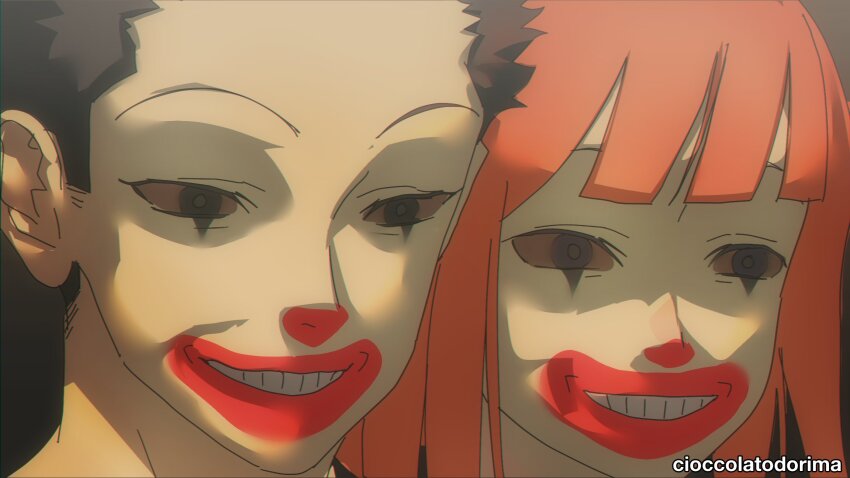 1boy, 1girl, artist_name, black_eyes, black_hair, cioccolatodorima, clown_mask, colored_sclera