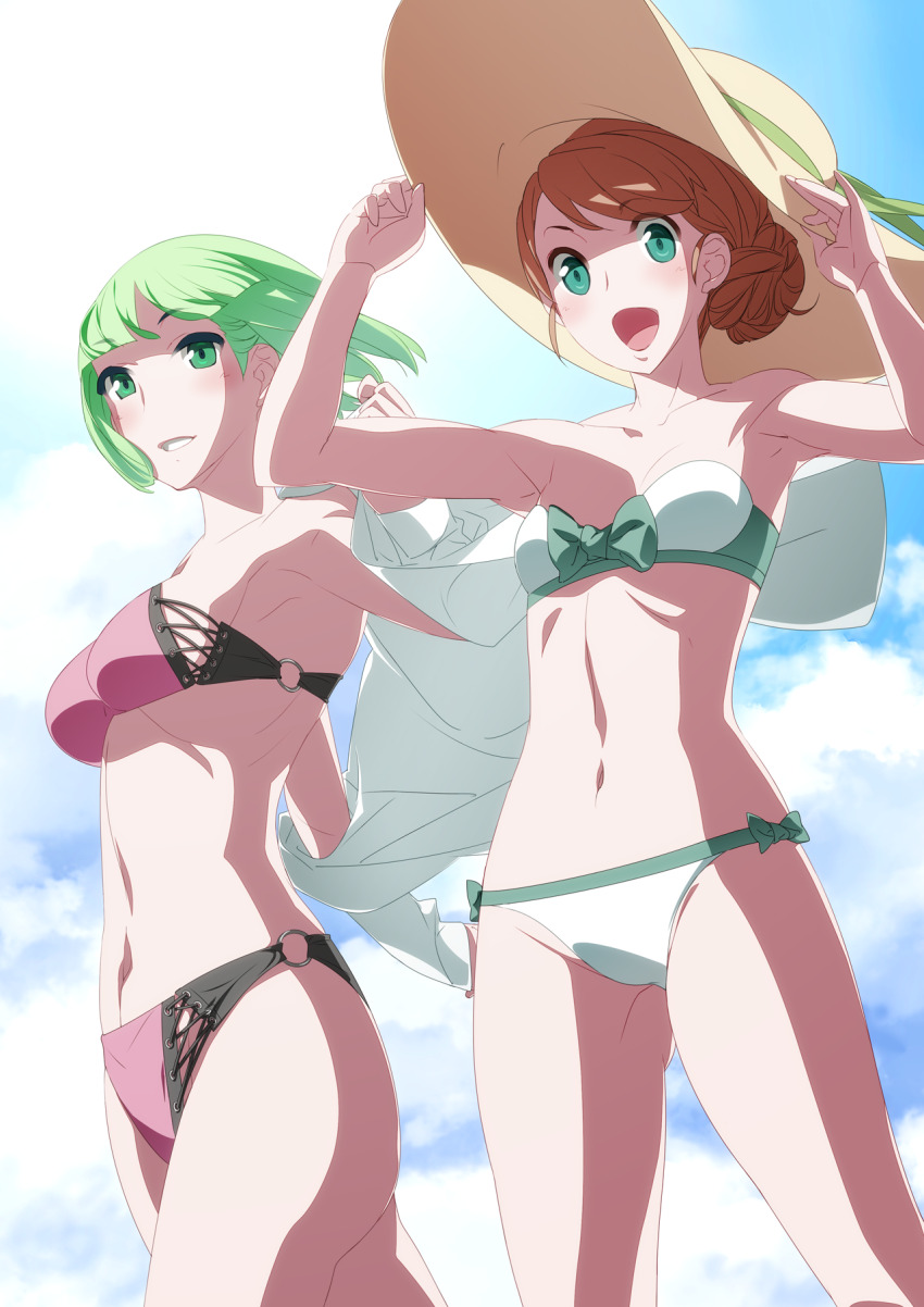 2girls, alternate_costume, bikini, blush, breasts, brown_hair, green_eyes, green_hair