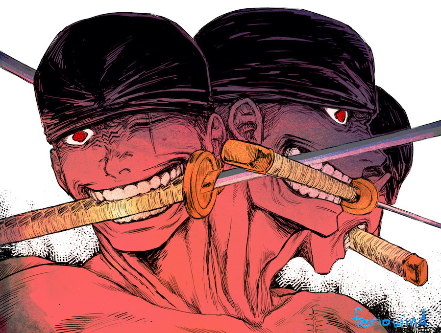 1boy, alternate_form, artist_name, ashura_(one_piece), bandana, black_bandana, feriowind, holding, holding_sword, holding_weapon, katana, male_focus, mouth_hold, multiple_heads, one_eye_closed, one_piece, red_eyes, roronoa_zoro, scar, scar_across_eye, scar_on_face, short_hair, simple_background, solo, sword, teeth, topless_male, triple_wielding, weapon, weapon_in_mouth, white_background