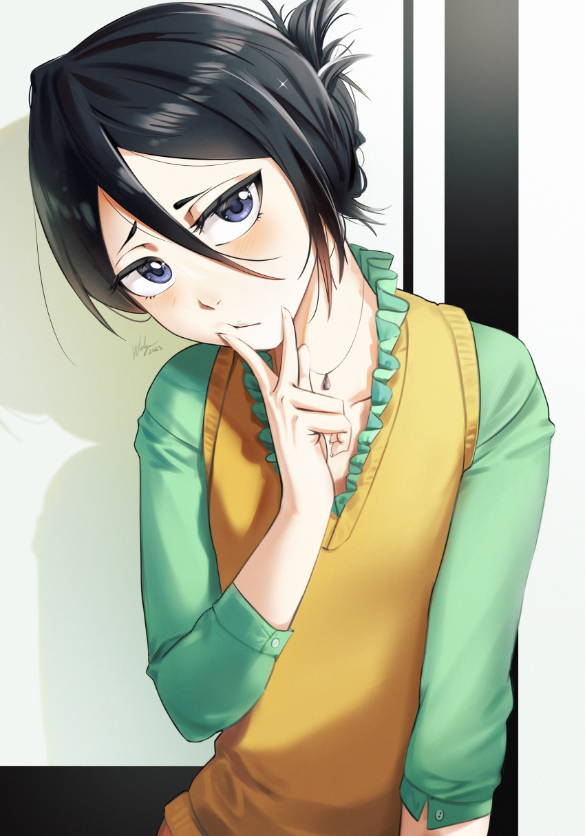1girl, absurdres, black_hair, bleach, blush, closed_mouth, commentary, dated