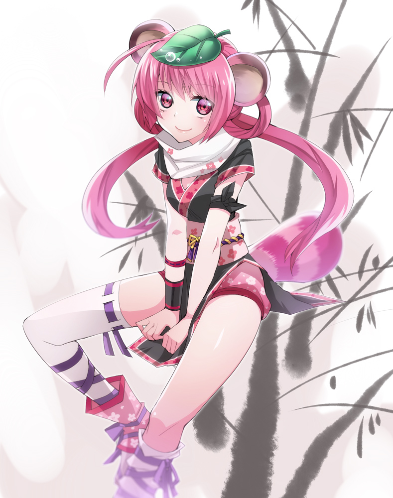 1girl, animal_ears, anju_(mabinogi), arm_ribbon, armband, between_legs, black_armband, black_kimono