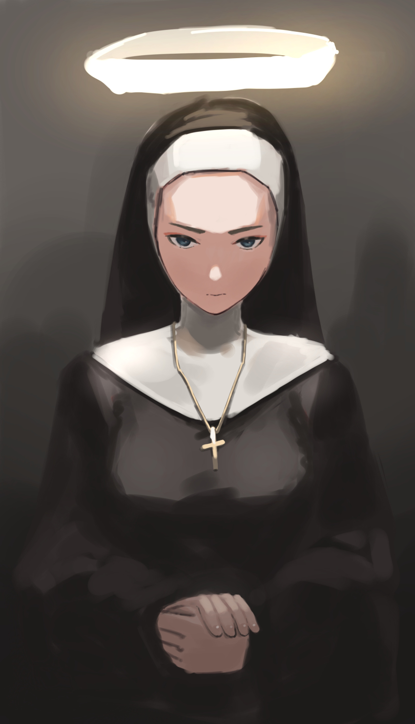 1girl, absurdres, blue_eyes, cross, cross_necklace, habit, halo, highres