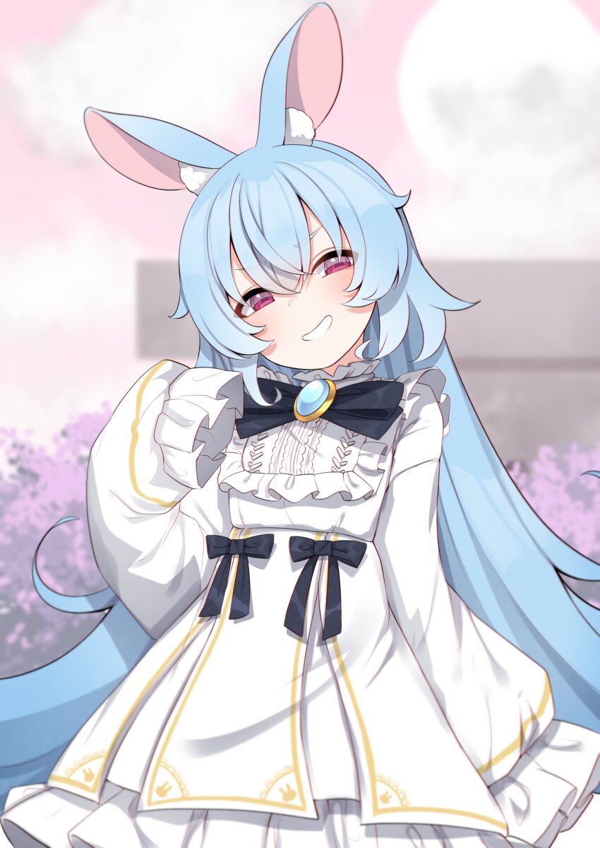 absurdly_long_hair, absurdres, animal_ear_fluff, animal_ears, black_ribbon, blue_hair, blurry, commission