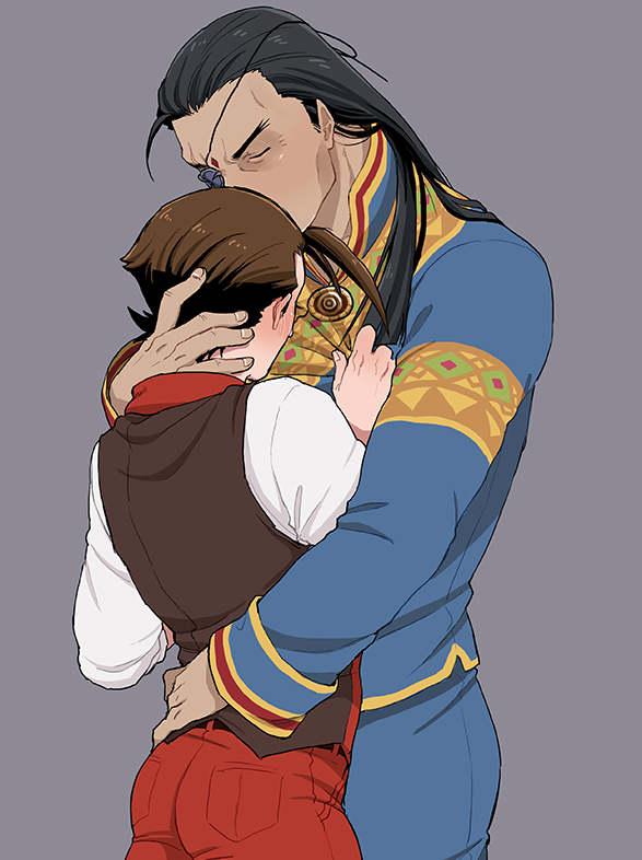 2boys, ace_attorney, antenna_hair, apollo_justice, ass, belt, black_hair, blue_pants, blue_shirt, blush, brooch, brown_hair, brown_vest, closed_eyes, cowboy_shot, dark-skinned_male, dark_skin, dhurke_sahdmadhi, eyepatch, facial_mark, father_and_child, father_and_son, fingernails, forehead_mark, forked_eyebrows, grey_background, hand_on_another's_back, hand_on_another's_chest, hand_on_another's_neck, height_difference, high_collar, hug, implied_kiss, incest, jewelry, kiss, kissing_forehead, long_hair, long_sleeves, male_focus, multiple_boys, okomepower, pants, parent_and_child, pocket, print_shirt, red_pants, red_vest, shirt, short_hair, sleeve_cuffs, two-tone_vest, vest, white_shirt, yaoi
