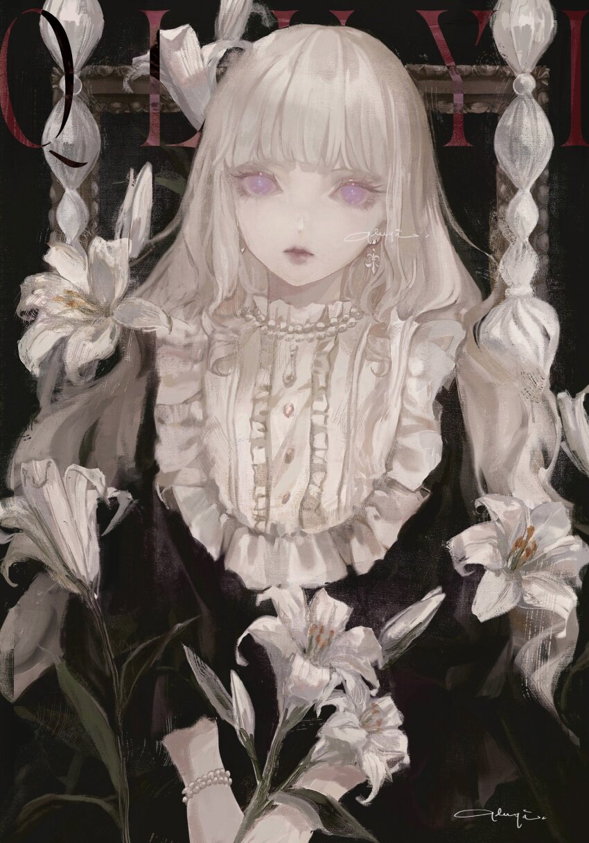 1girl, black_dress, black_theme, blonde_hair, blunt_bangs, bracelet, dress, earrings, fleur-de-lis, flower, goth_fashion, highres, jewelry, lily_(flower), long_hair, original, purple_eyes, qluyi, red_lips, solo, white_flower, white_theme