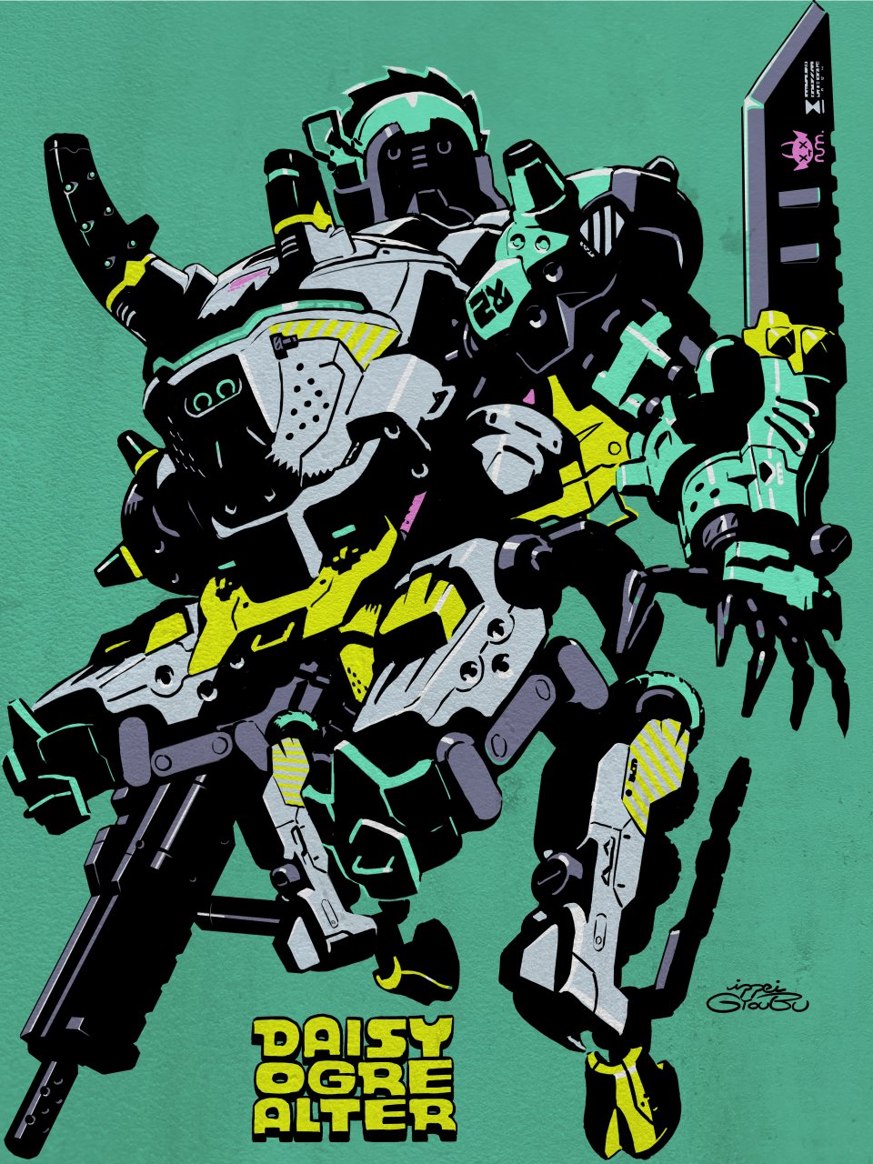 daisy_ogre, green_background, gun, gyoubu_ippei, highres, mecha, robot, signature