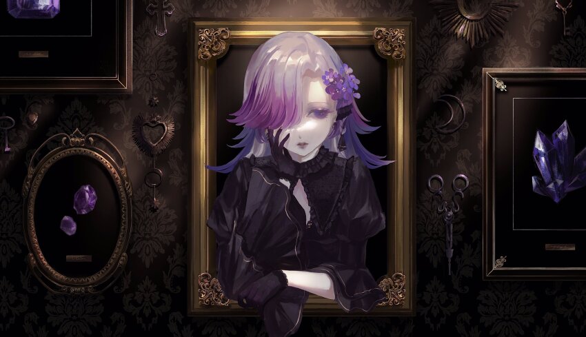 1girl, absurdres, asymmetrical_bangs, black_dress, black_gloves, dress, flower, gloves