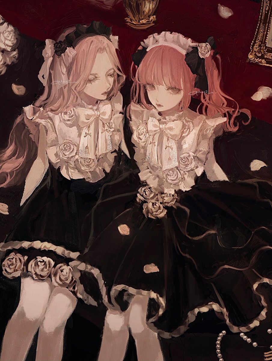 2girls, black_skirt, blunt_bangs, bow, brown_eyes, closed_eyes, earrings, flower