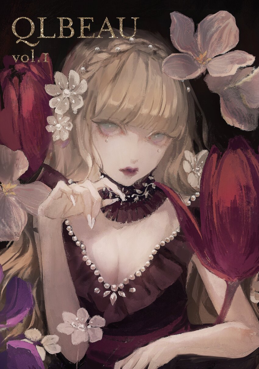 1girl, absurdres, black_dress, blonde_hair, blue_eyes, blunt_bangs, braid, breasts, cleavage, dress, flower, french_braid, hair_flower, hair_ornament, highres, long_hair, medium_breasts, original, qluyi, red_flower, red_tulip, solo, tulip, white_flower
