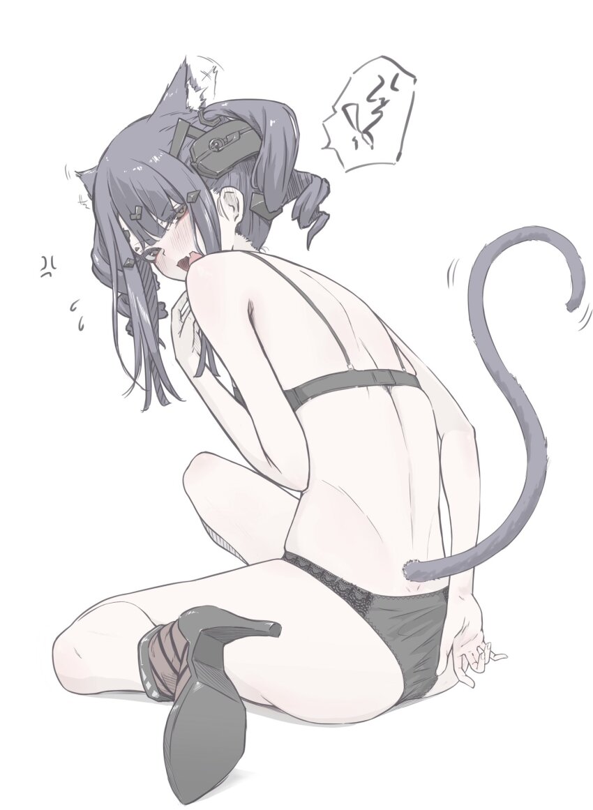 1girl, animal_ears, black_bra, black_eyes, black_panties, blush, bra, cat_ears, cat_tail, commentary_request, drill_hair, fang, from_behind, full_body, girls'_frontline, hair_ornament, high_heels, highres, looking_at_viewer, nimogen_(girls'_frontline), nyto_(girls'_frontline), panties, purple_hair, sitting, skin_fang, solo, tail, twin_drills, twintails, underwear, zandorosouls