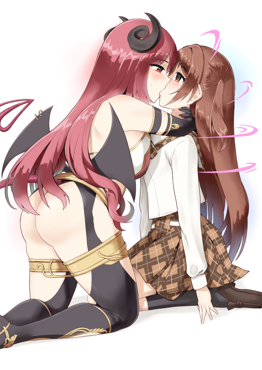 2girls, bat_wings, black_gloves, black_horns, black_socks, black_thighhighs, black_wings, blush, boots, breasts, brown_footwear, brown_skirt, collared_shirt, demon_horns, demon_tail, empty_eyes, energy_drain, gloves, highres, horns, io_(princess_connect!), kiss, leotard, long_hair, medium_breasts, minase_(takaoka_nanase), mind_control, multiple_girls, nozomi_(princess_connect!), nozomi_(real)_(princess_connect!), piercing, pleated_skirt, princess_connect!, red_eyes, red_hair, shirt, shoes, side_ponytail, simple_background, skirt, small_breasts, socks, sweat, sweatdrop, tail, thigh_boots, thighhighs, very_long_hair, white_background, white_leotard, white_shirt, wing_piercing, wings, yuri