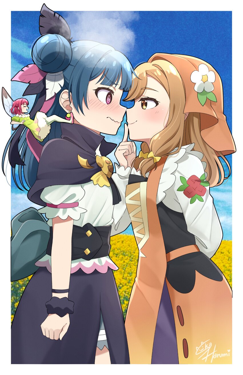 3girls, @_@, absurdres, black_capelet, black_scrunchie, blue_hair, blush, brown_eyes