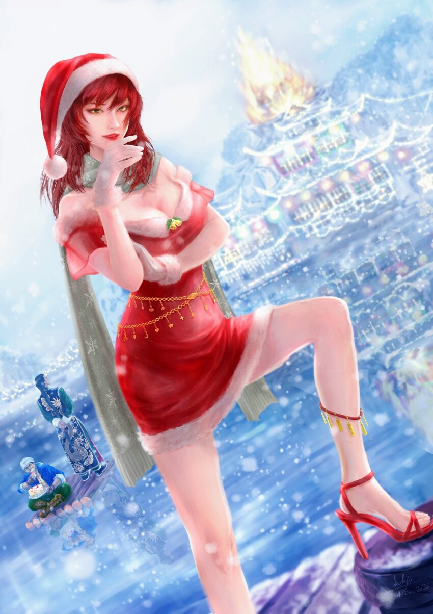 1girl, 2boys, anklet, architecture, arm_under_breasts, bare_shoulders, bell, belly_chain