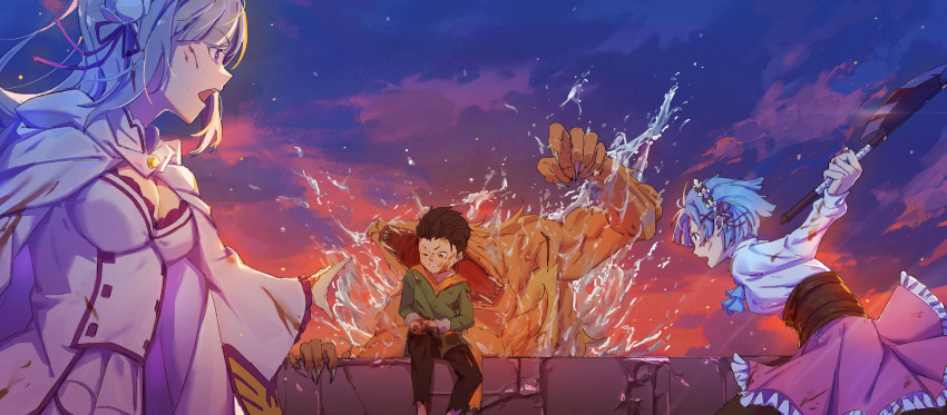 2boys, 2girls, axe, black_hair, blue_hair, breasts, cleavage, elf, emilia_(re:zero), fighting, flower, highres, holding, holding_axe, long_hair, long_sleeves, medium_breasts, multiple_boys, multiple_girls, natsuki_subaru, open_mouth, pointy_ears, purple_eyes, re:zero_kara_hajimeru_isekai_seikatsu, rem_(re:zero), ribbon, ro_ka_ro_ka, short_hair, skirt, todd_fang, water, werewolf