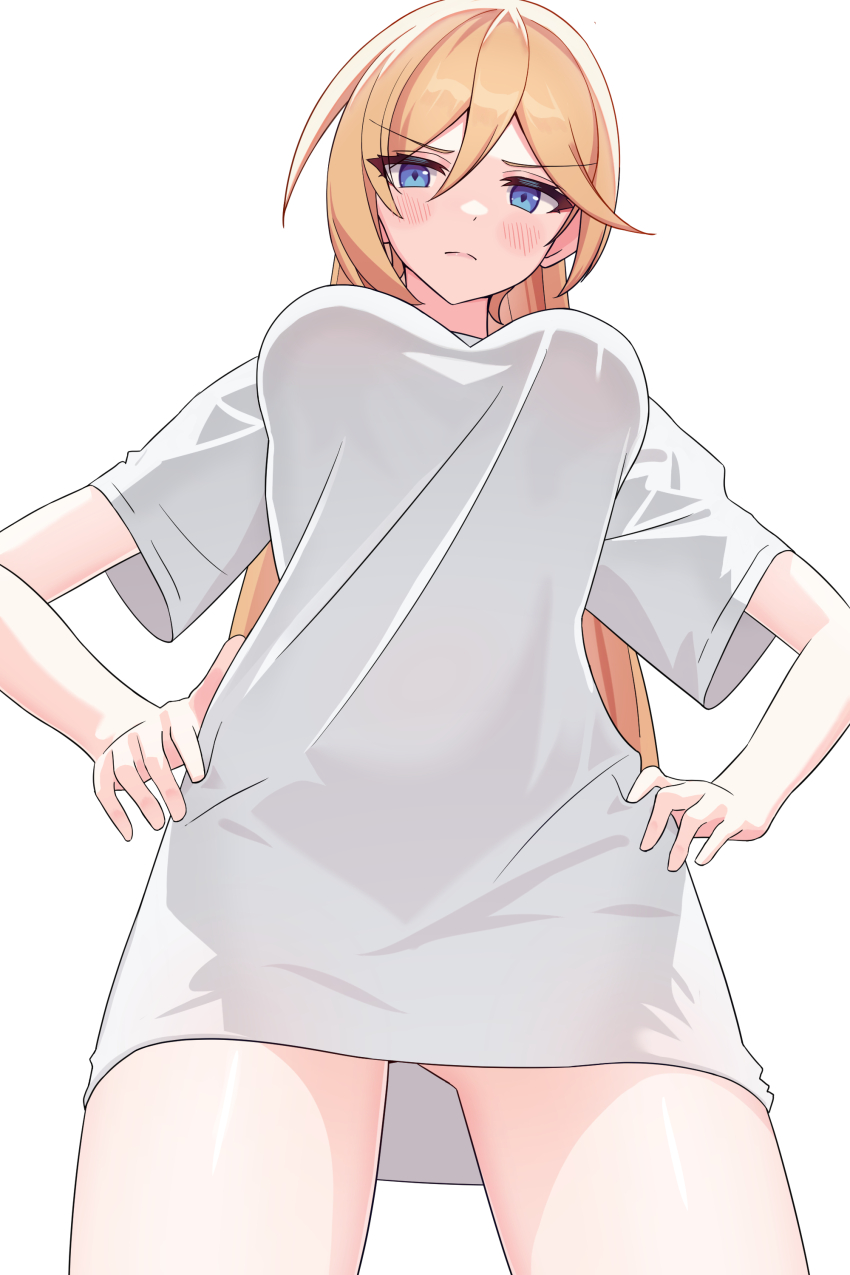 1girl, absurdres, durandal_(honkai_impact), blonde_hair, blue_eyes, breasts, closed_mouth, commentary