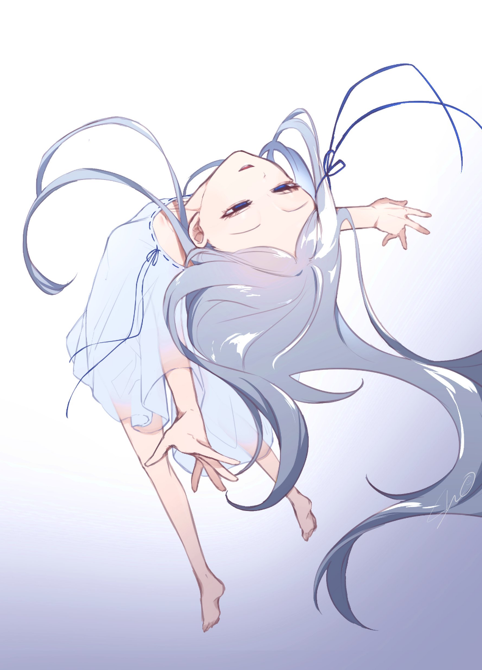 1girl, barefoot, blue_eyes, blue_ribbon, breasts, dress, floating, full_body, hair_ribbon, highres, long_hair, looking_up, naked_poncho, open_mouth, outstretched_hand, pandora_(re:zero), re:zero_kara_hajimeru_isekai_seikatsu, ribbon, ribbon-trimmed_dress, ribbon_trim, sho_(shoootaya), small_breasts, solo, squinting, white_background