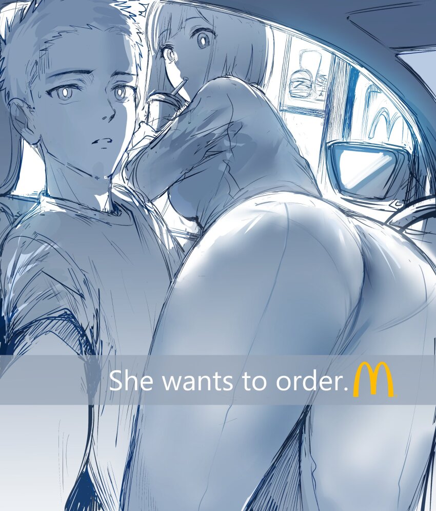 1boy, 1girl, absurdres, ass, ass_focus, breasts, car, car_interior, car_seat, commentary, drinking, drinking_straw, drinking_straw_in_mouth, drive-thru, english_commentary, english_text, fake_phone_screenshot, fake_screenshot, fast_food, father_(yoru_mac), he_wants_to_order_(meme), hews, highres, husband_and_wife, large_breasts, looking_at_viewer, lying_on_person, mcdonald's, meme, monochrome, mother_(yoru_mac), motor_vehicle, panties_visible_through_clothes, pantylines, poster_(object), selfie, short_hair, side-view_mirror, sketch, snapchat, steering_wheel, unfinished, wide_hips, yoru_mac