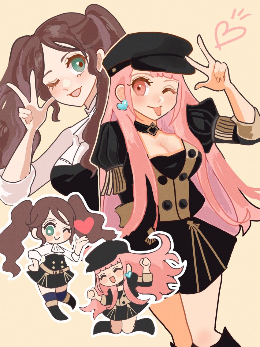 2girls, alternate_costume, alternate_hairstyle, ascot, belt, black_footwear, black_hat, blush