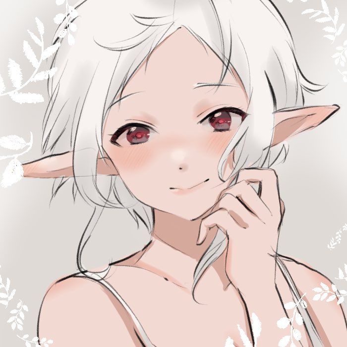 1girl, closed_mouth, elf, hand_up, kasakasako, light_blush, looking_at_viewer, mushoku_tensei