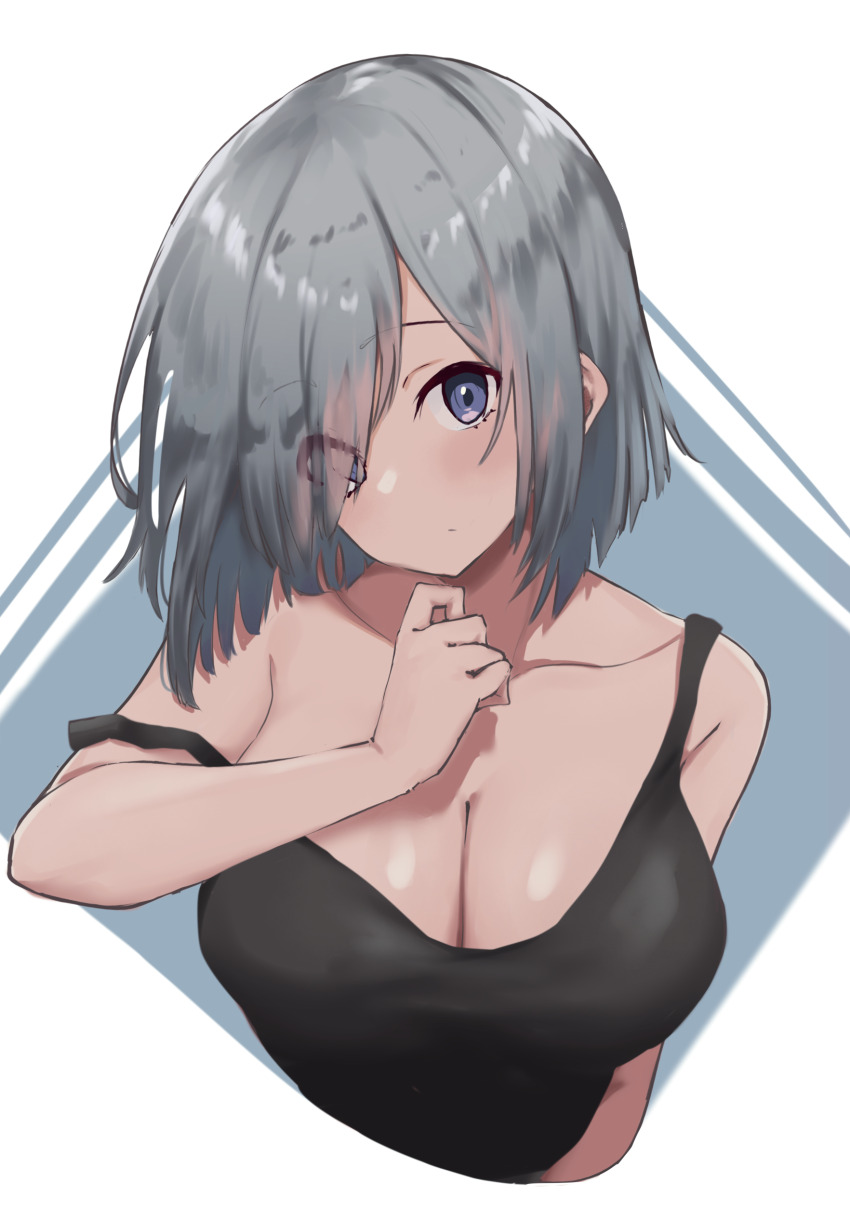 1girl, absurdres, alternate_costume, bare_shoulders, black_tank_top, blue_eyes, breasts, closed_mouth