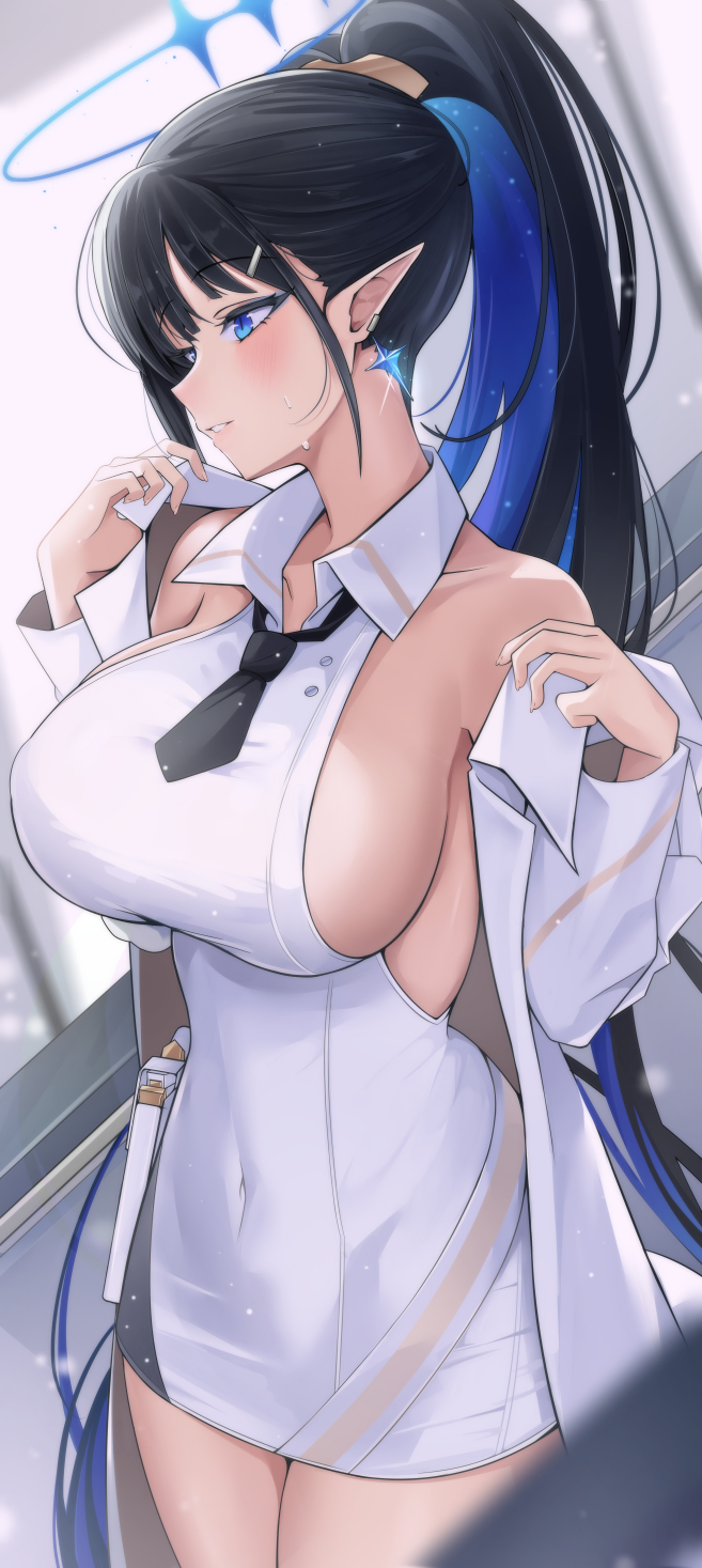 1girl, bare_shoulders, black_hair, black_necktie, blue_archive, blue_eyes, blue_hair, blurry