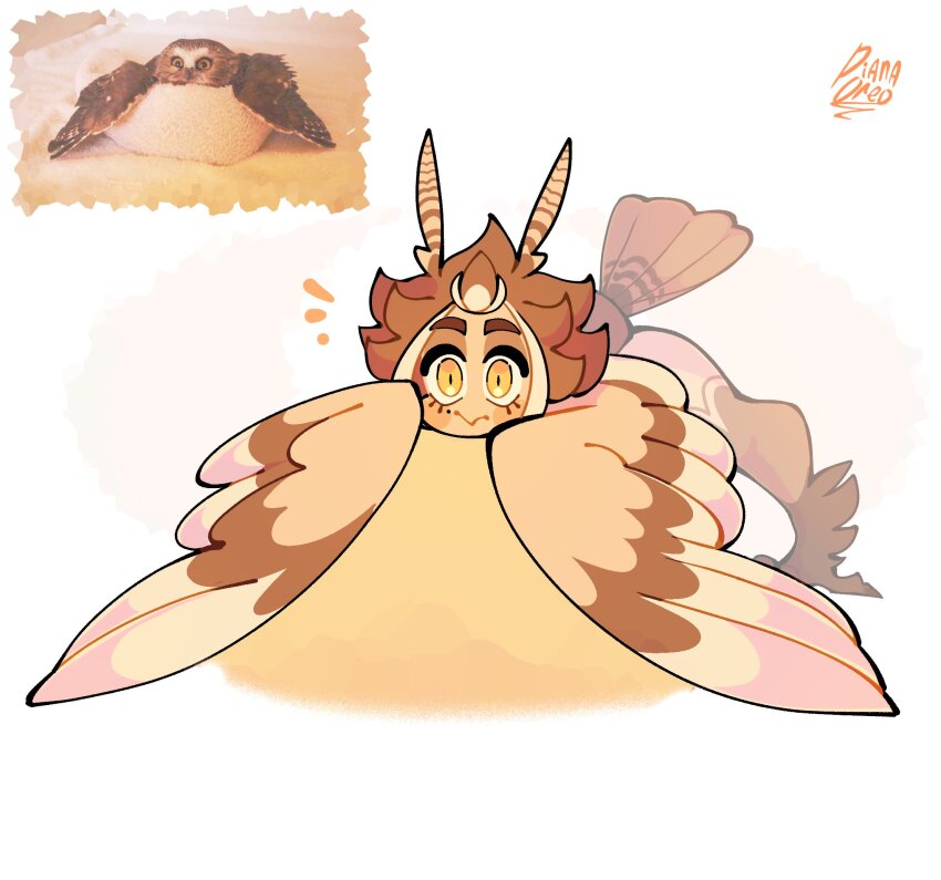 1girl, :>, artist_name, bird, bird_legs, bird_tail, blush_stickers, brown_feathers