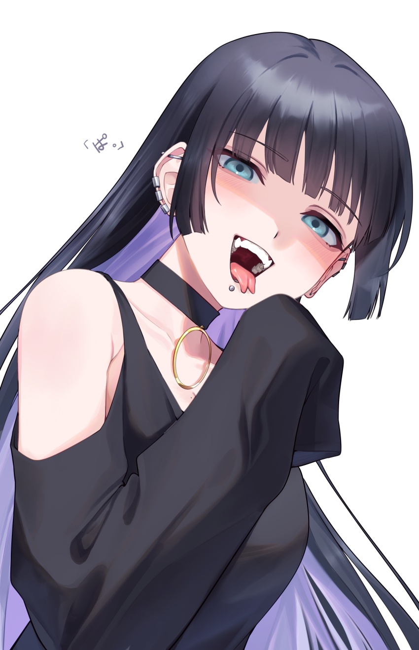 1girl, absurdres, armpit_crease, black_dress, black_hair, blue_eyes, bocchi_the_rock!, breasts, choker, cleavage, clothing_cutout, colored_inner_hair, dress, ear_piercing, earclip, face_piercing, forked_tongue, hand_up, head_tilt, highres, labret_piercing, long_hair, long_sleeves, looking_at_viewer, medium_breasts, mole, mole_on_breast, mouth_piercing, multicolored_hair, open_mouth, pa-san, piercing, shaded_face, shoulder_cutout, sidelocks, simple_background, sleeves_past_fingers, sleeves_past_wrists, smile, solo, tamayume, teeth, tongue, tongue_out, upper_body, white_background