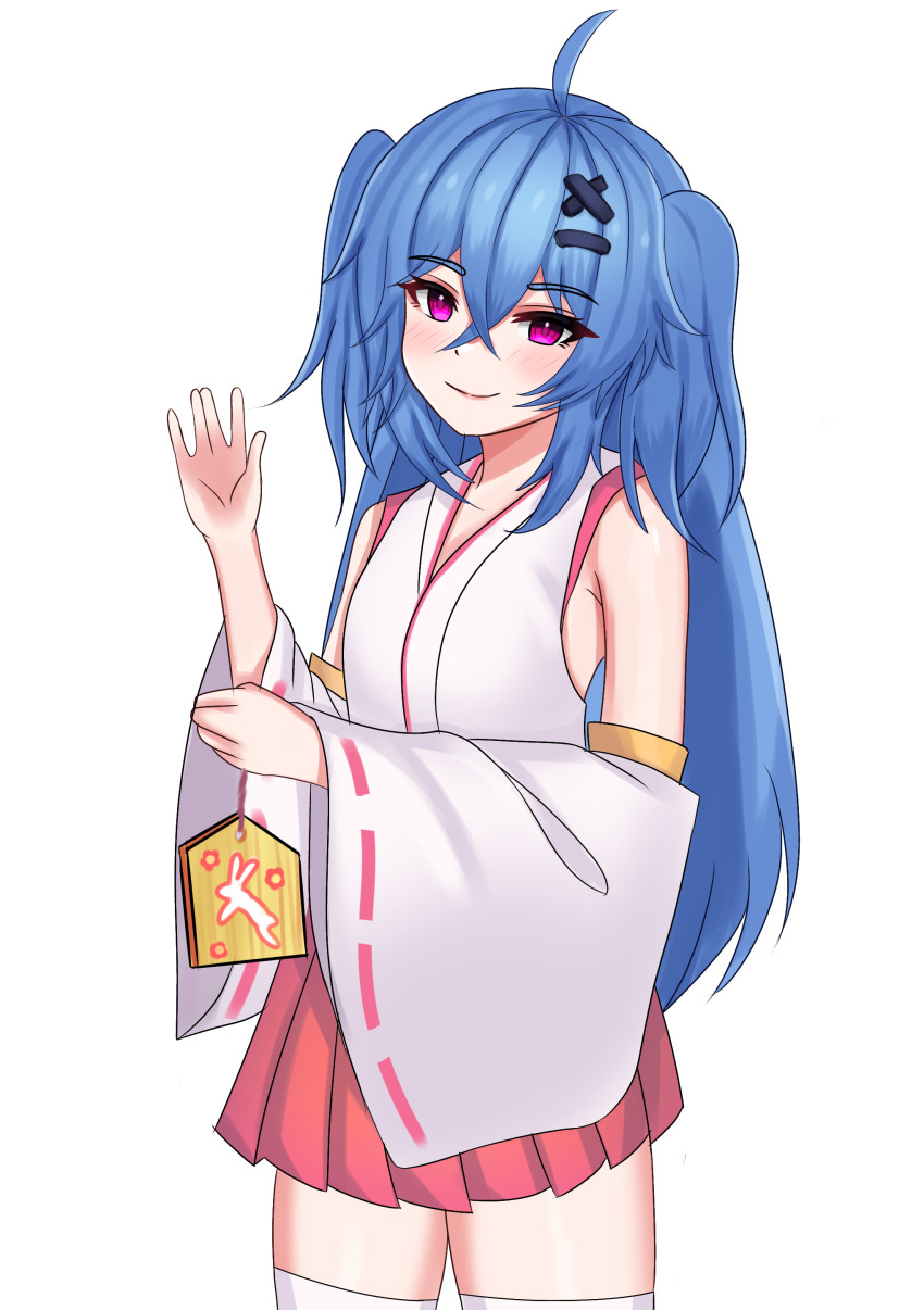 1girl, absurdres, ahoge, alternate_costume, armpits, blue_hair, blush, blush_stickers
