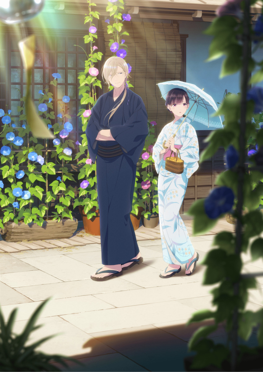 1boy, 1girl, alley, architecture, bag, bamboo_screen, black_kimono, blonde_hair