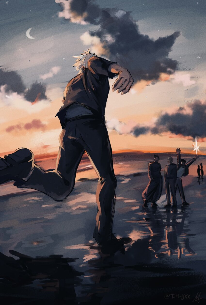 4boys, arms_up, beach, black_jacket, black_pants, cloud, full_body, geto_suguru
