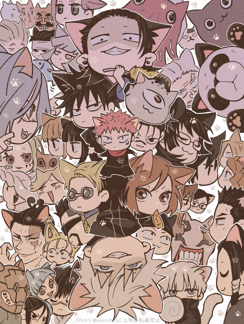 6+boys, 6+girls, :3, absurdres, animal, animal_ears, black_eyes, black_hair, black_jacket, blue_eyes, brown_eyes, brown_hair, cat_boy, cat_ears, cat_girl, character_request, choso_(jujutsu_kaisen), closed_eyes, cyclops, dagon_(jujutsu_kaisen), ear_piercing, everyone, fushiguro_megumi, geto_suguru, glasses, gojo_satoru, grin, hanami_(jujutsu_kaisen), hand_up, highres, ijichi_kiyotaka, ino_takuma, iori_utahime, itadori_yuji, jacket, jogo_(jujutsu_kaisen), jujutsu_kaisen, kamo_noritoshi, kugisaki_nobara, kusakabe_atsuya, long_hair, mahito_(jujutsu_kaisen), mar_(march_jjt), mei_mei_(jujutsu_kaisen), mimiko_(jujutsu_kaisen), miwa_kasumi, monster, multiple_boys, multiple_girls, muta_kokichi, nanako_(jujutsu_kaisen), nanami_kento, nishimiya_momo, one-eyed, panda_(jujutsu_kaisen), piercing, pink_hair, profile, short_hair, smile, teeth, toudou_aoi_(jujutsu_kaisen), ui_ui_(jujutsu_kaisen), white_background, yaga_masamichi, zen'in_mai, zen'in_maki, zen'in_naobito