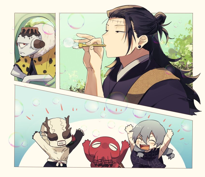 3boys, ^_^, arms_up, black_hair, black_kimono, black_shirt, blowing_bubbles, bubble_pipe, chibi, closed_eyes, cyclops, dagon_(jujutsu_kaisen), ear_piercing, frown, geto_suguru, geto_suguru_(kenjaku), grey_hair, hair_pulled_back, hanami_(jujutsu_kaisen), hand_up, highres, holding, japanese_clothes, jogo_(jujutsu_kaisen), jujutsu_kaisen, kimono, long_hair, mahito_(jujutsu_kaisen), monster, multiple_boys, one-eyed, piercing, red_eyes, shirt, short_sleeves, stitches, twintails, upper_body, yuu_(areruya)